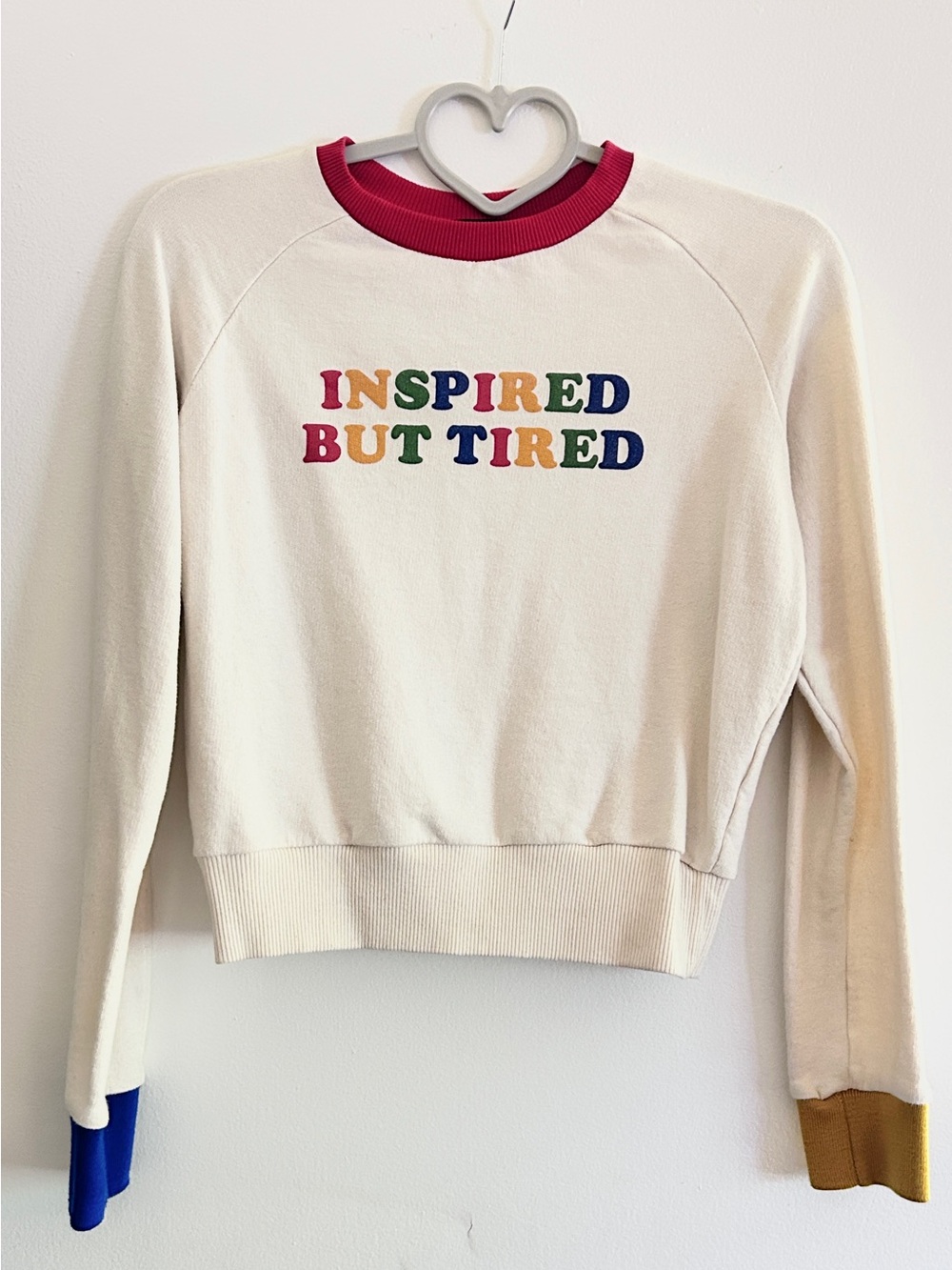 Valfre Cream Crewneck ‘Inspired But Tired’ Sweater with Colorblock Trim
